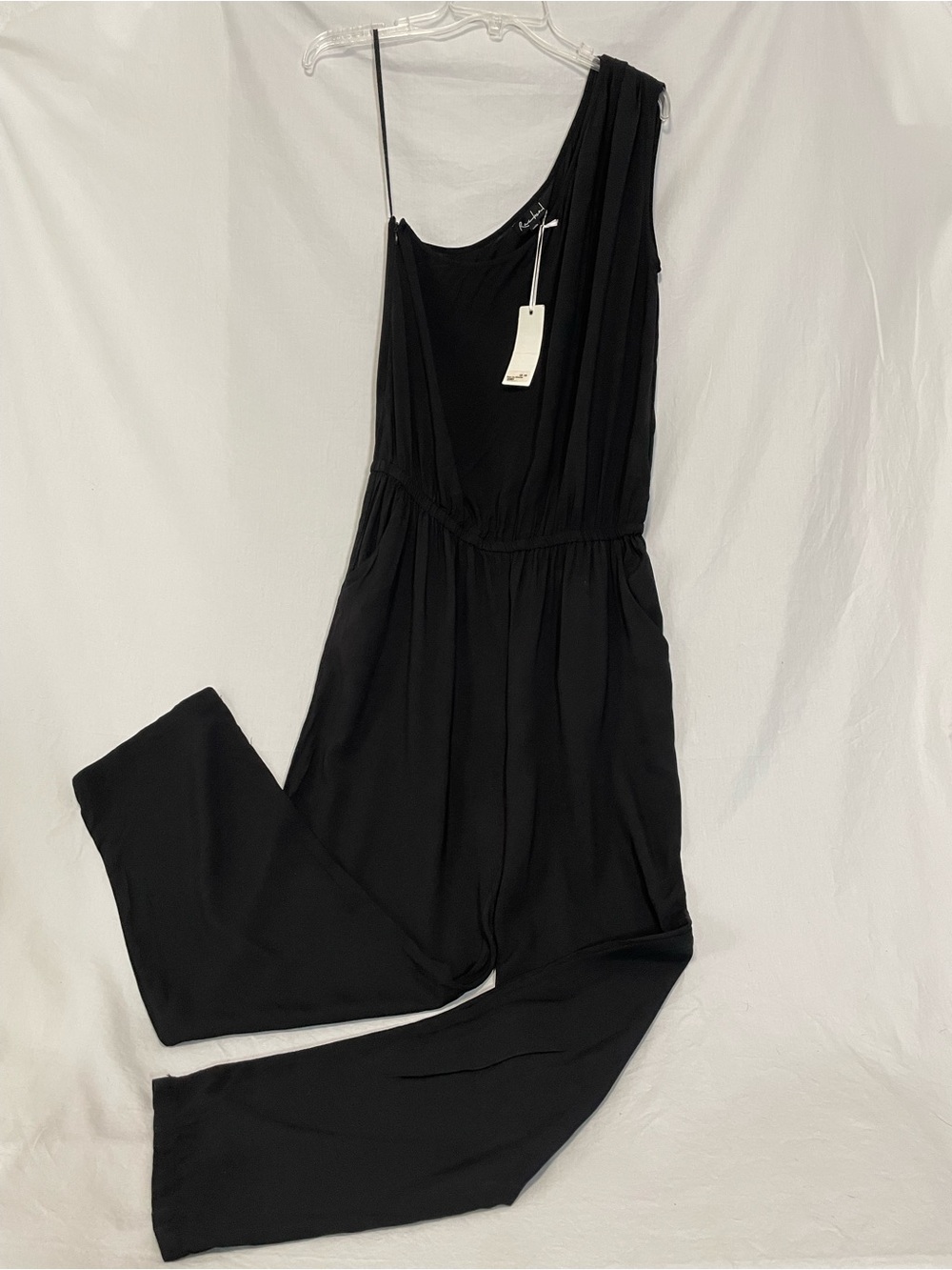 Racheal Black One-Shoulder Wide to Straight Leg Jumpsuit, 100% Rayon, Med